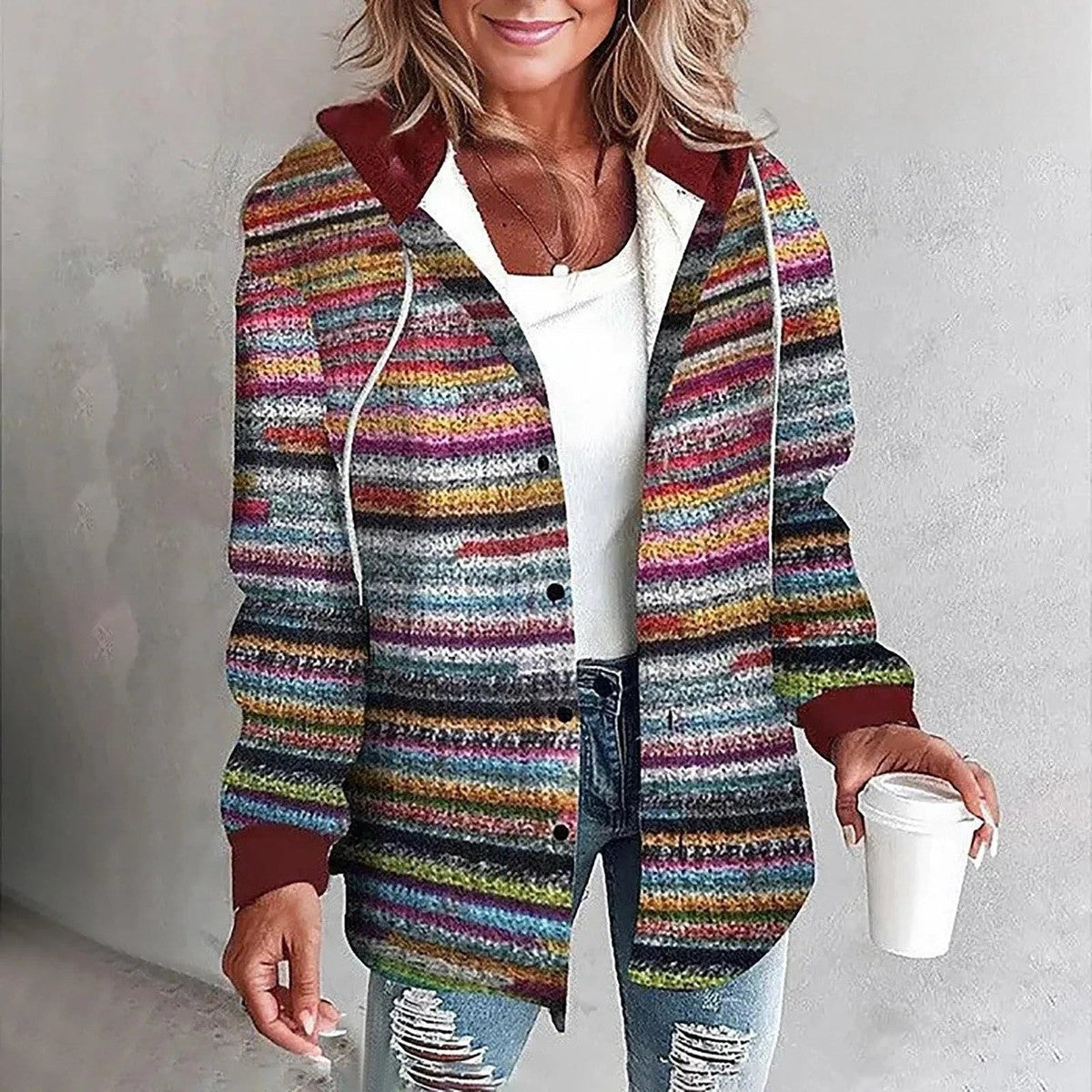 Oversized Plaid Cardigan with Button Front and Flat Collar, Roomy Fit