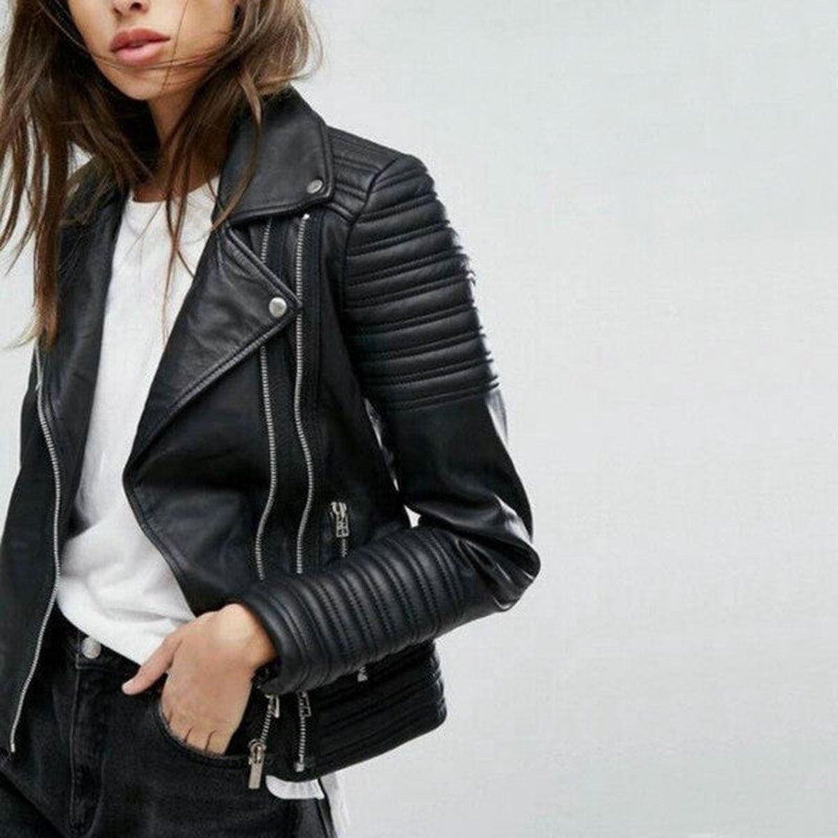 Women Black Synthetic Leather Biker Jacket with Front Zipper and Zip Pockets