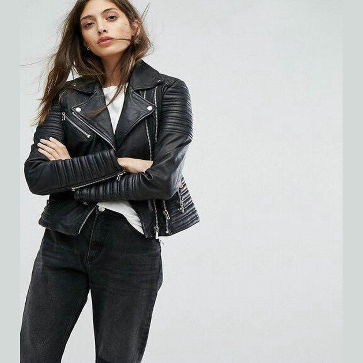 Women Black Synthetic Leather Biker Jacket with Front Zipper and Zip Pockets