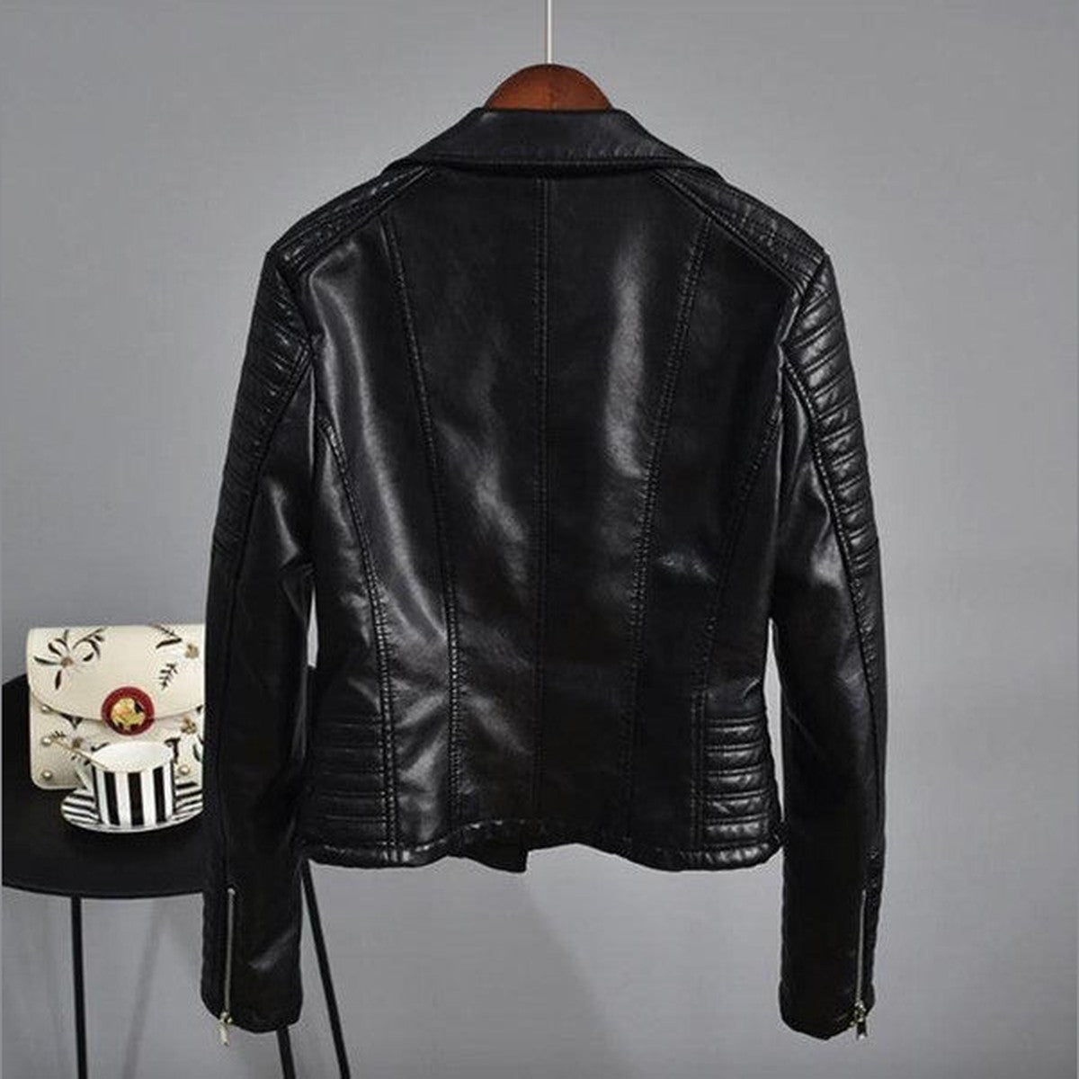 Women Black Synthetic Leather Biker Jacket with Front Zipper and Zip Pockets