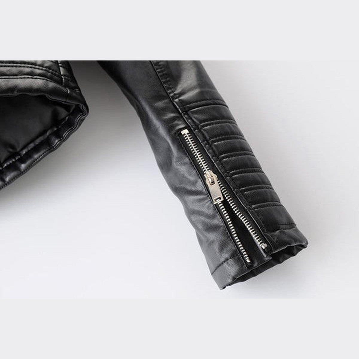 Women Black Synthetic Leather Biker Jacket with Front Zipper and Zip Pockets