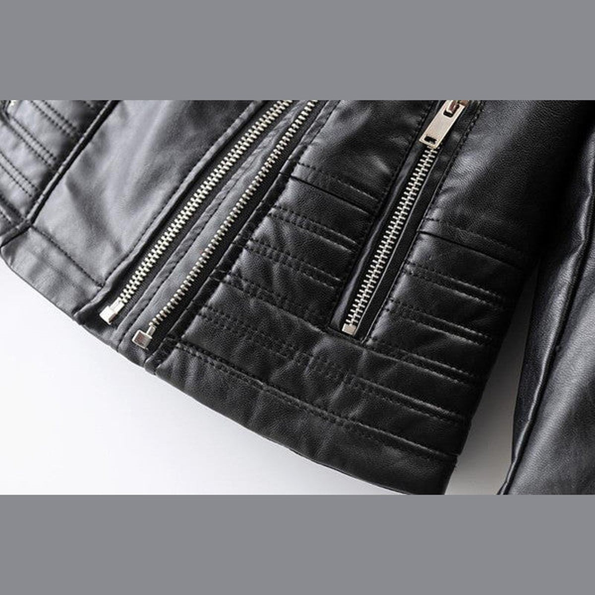 Women Black Synthetic Leather Biker Jacket with Front Zipper and Zip Pockets