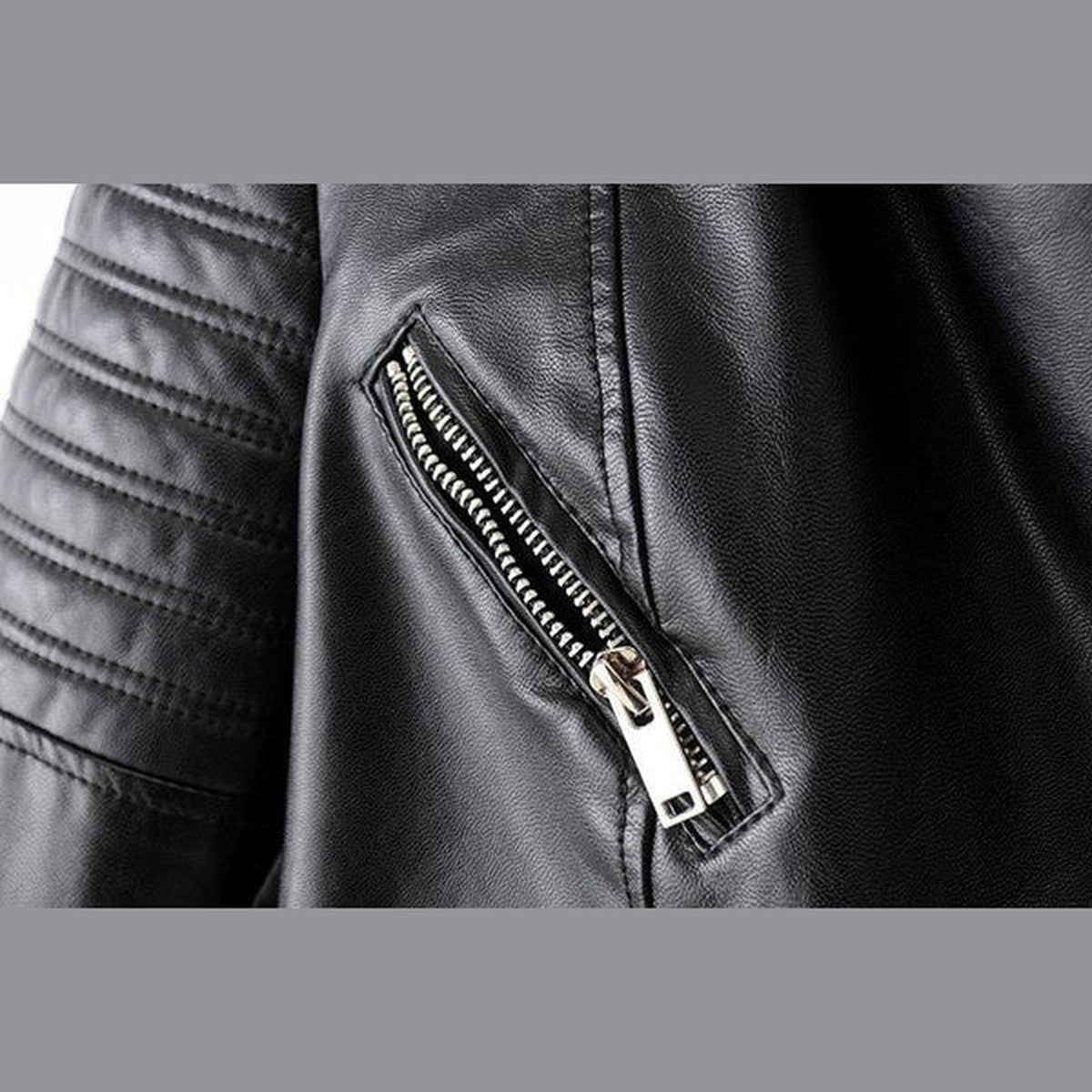 Women Black Synthetic Leather Biker Jacket with Front Zipper and Zip Pockets