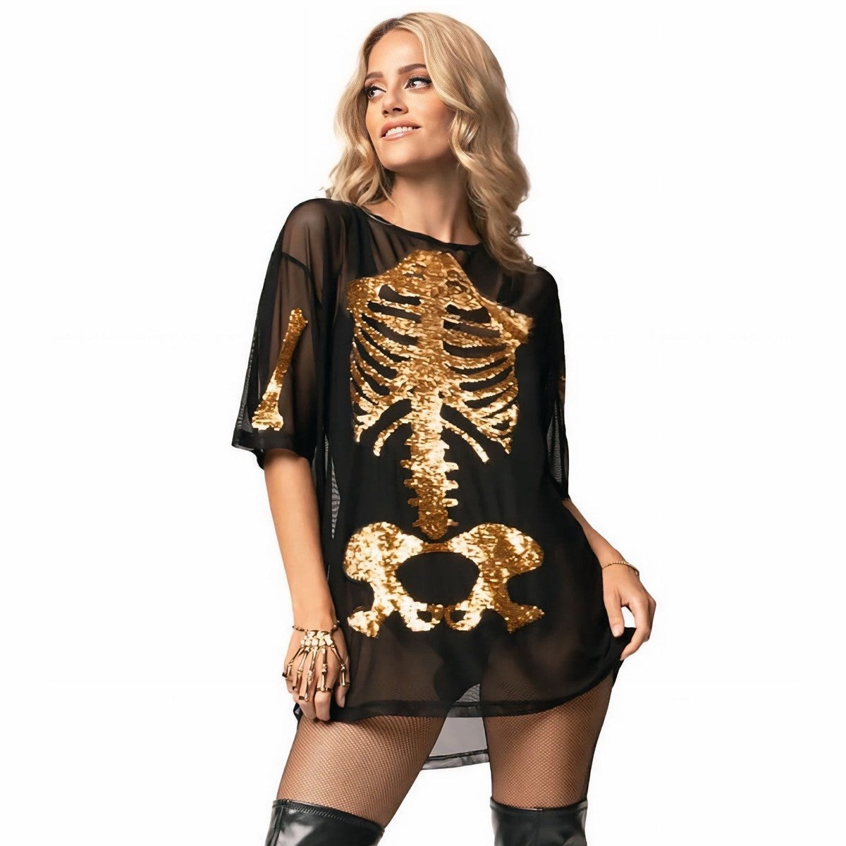 Metallic Gold Skeleton Graphic Short Sleeve Bodycon Dress with Sheer Mesh