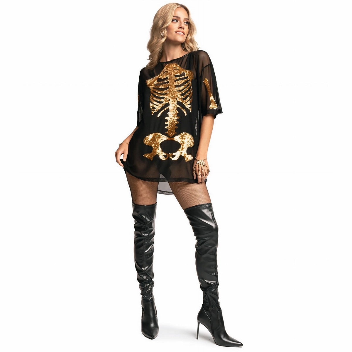 Metallic Gold Skeleton Graphic Short Sleeve Bodycon Dress with Sheer Mesh