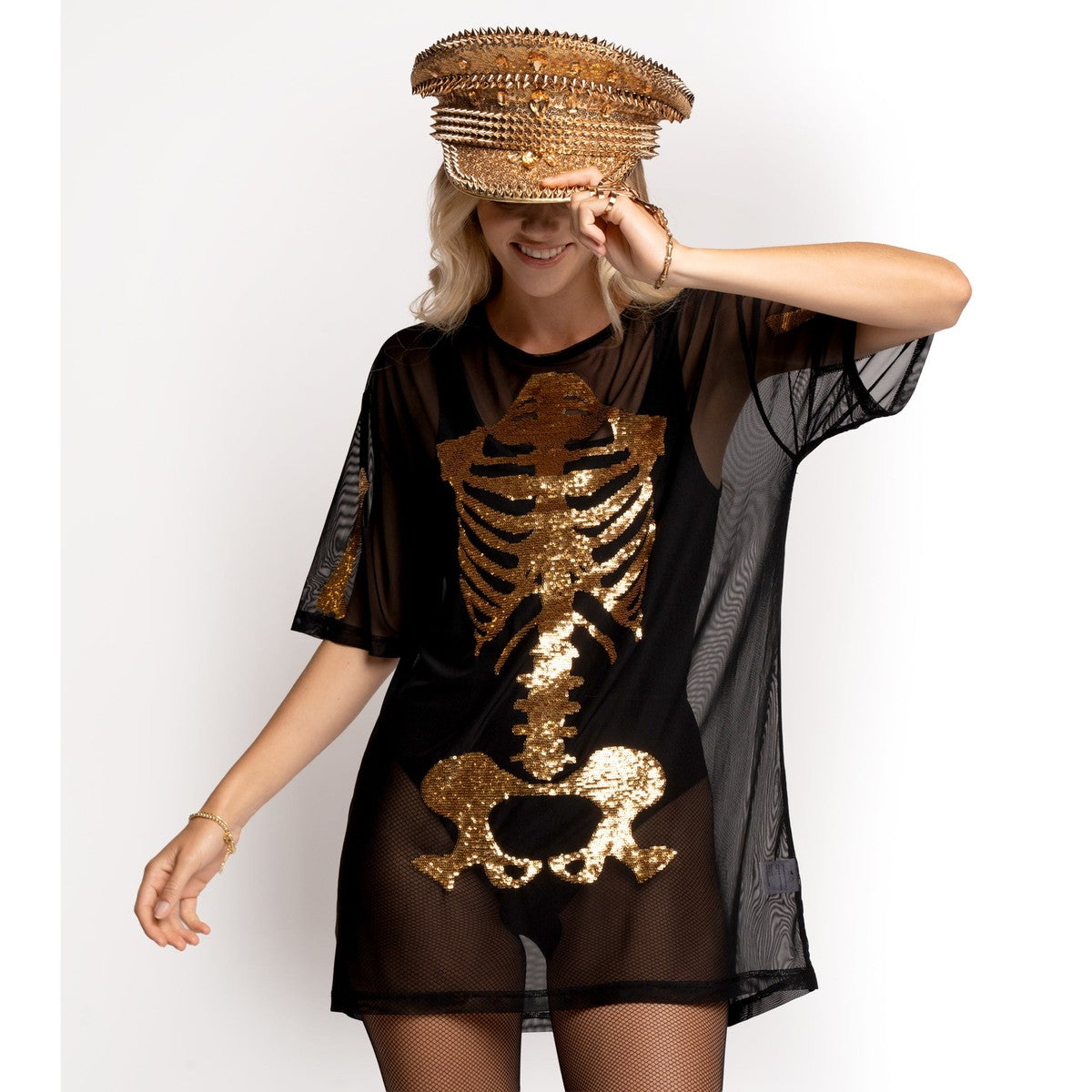 Metallic Gold Skeleton Graphic Short Sleeve Bodycon Dress with Sheer Mesh