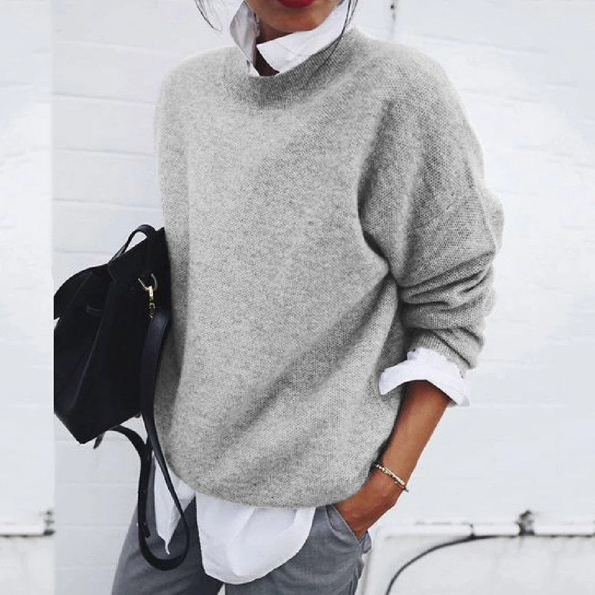 Women Textured Chunky Knit Pullover Sweater with Turn Down Collar