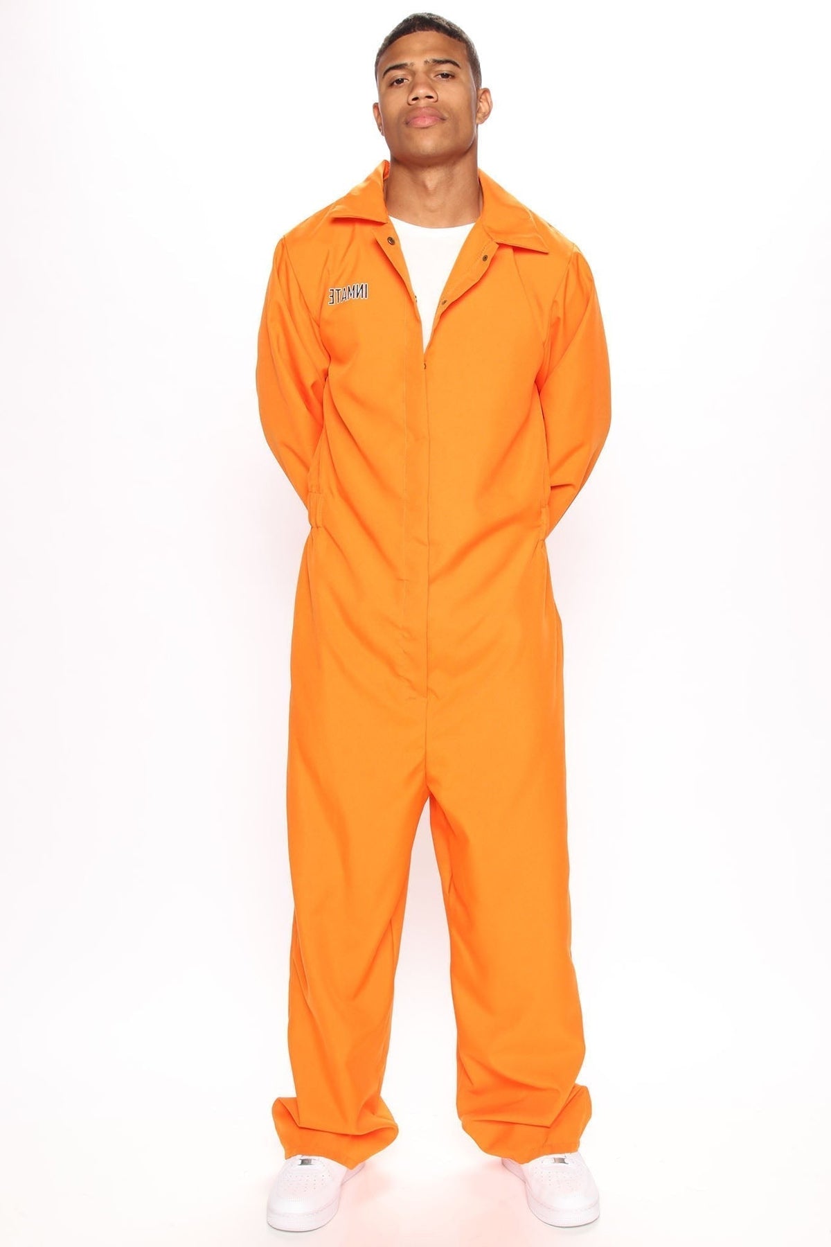 Prisoner Costume Jumpsuit with Chest Print and Front Closure