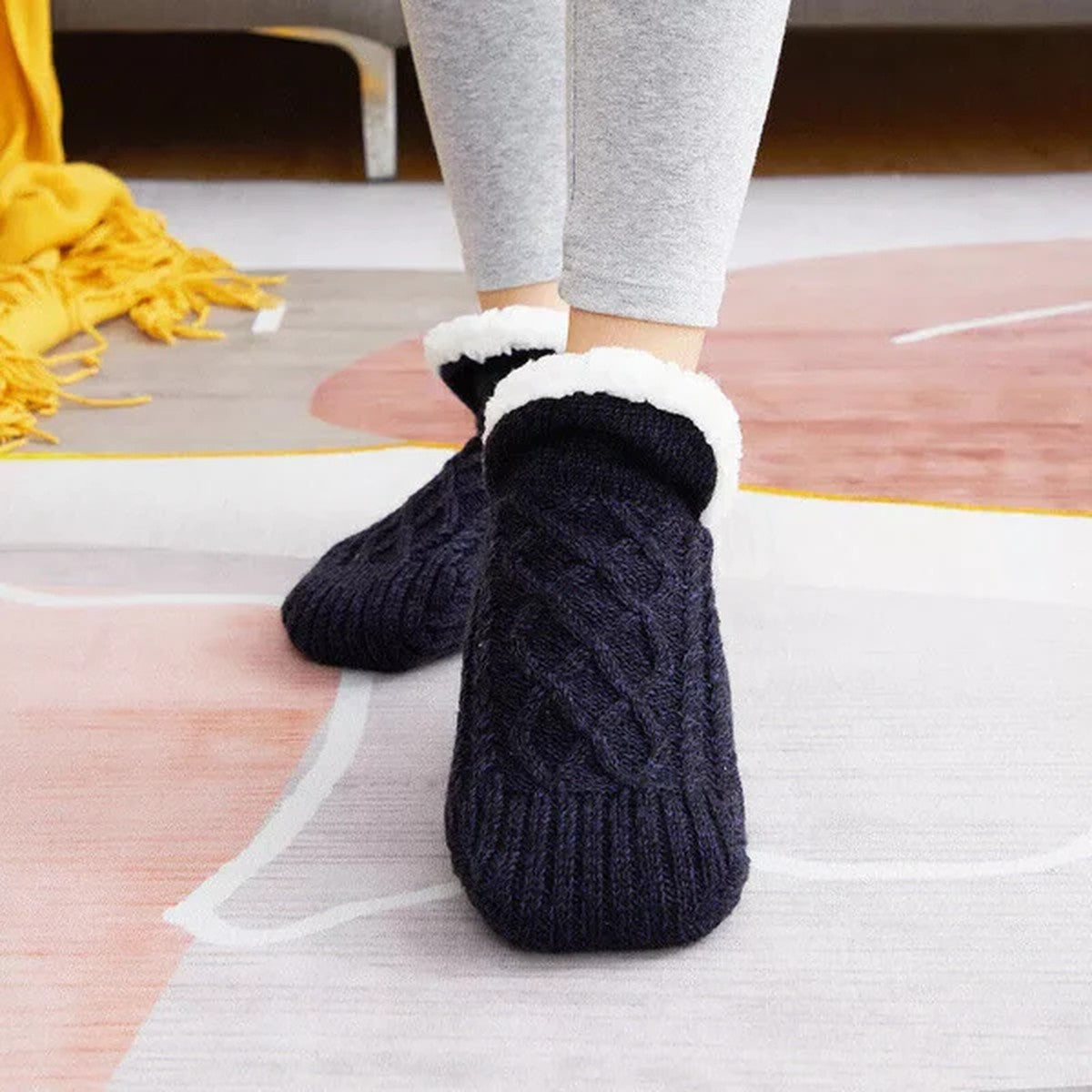Fleece Lined Slipper Socks with Anti Slip Grippers and Knit Outer Shell