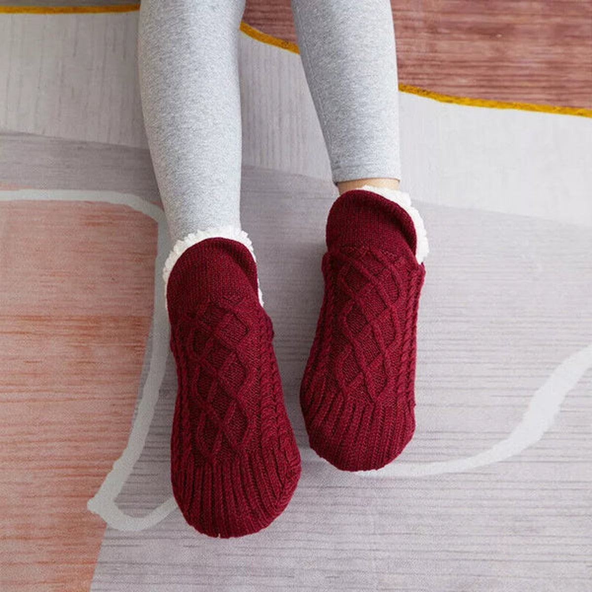 Fleece Lined Slipper Socks with Anti Slip Grippers and Knit Outer Shell