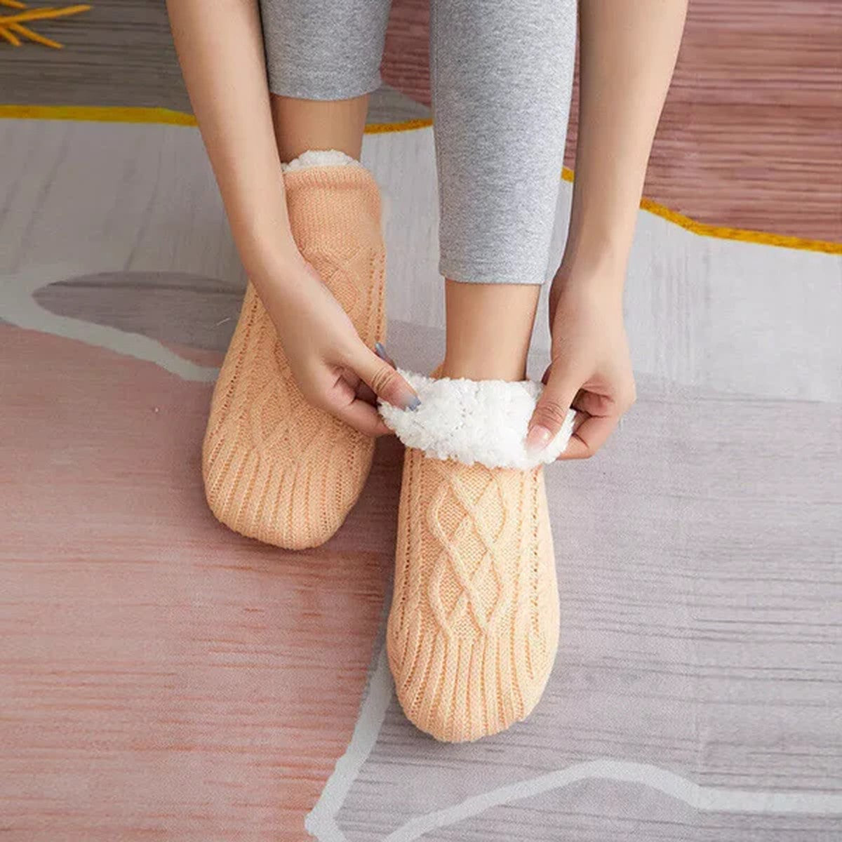 Fleece Lined Slipper Socks with Anti Slip Grippers and Knit Outer Shell