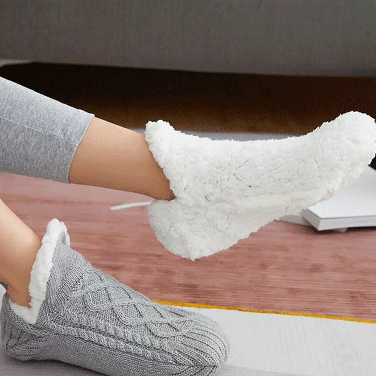 Fleece Lined Slipper Socks with Anti Slip Grippers and Knit Outer Shell