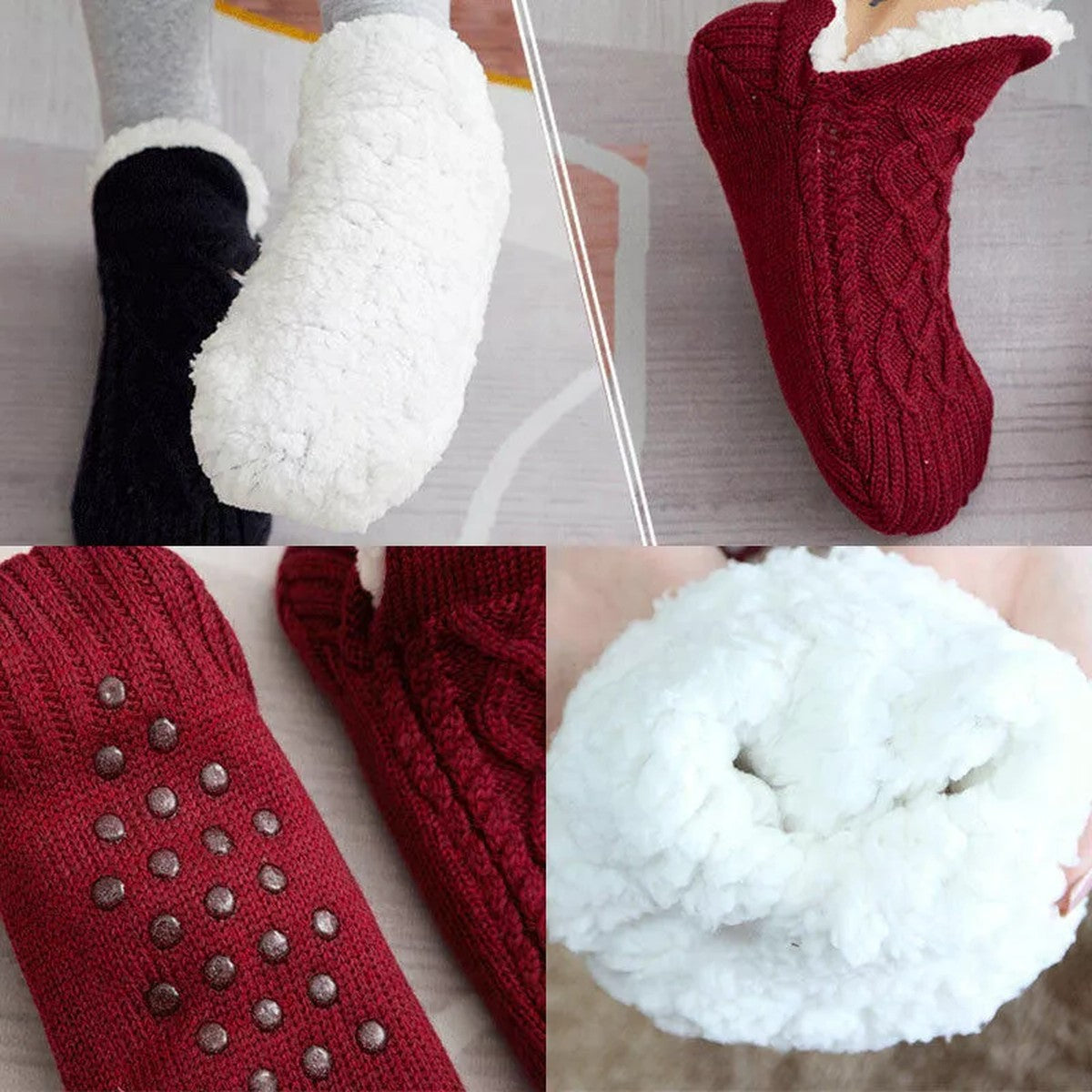 Fleece Lined Slipper Socks with Anti Slip Grippers and Knit Outer Shell