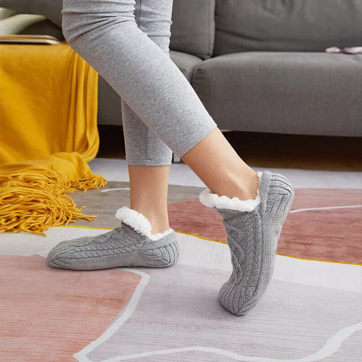 Fleece Lined Slipper Socks with Anti Slip Grippers and Knit Outer Shell