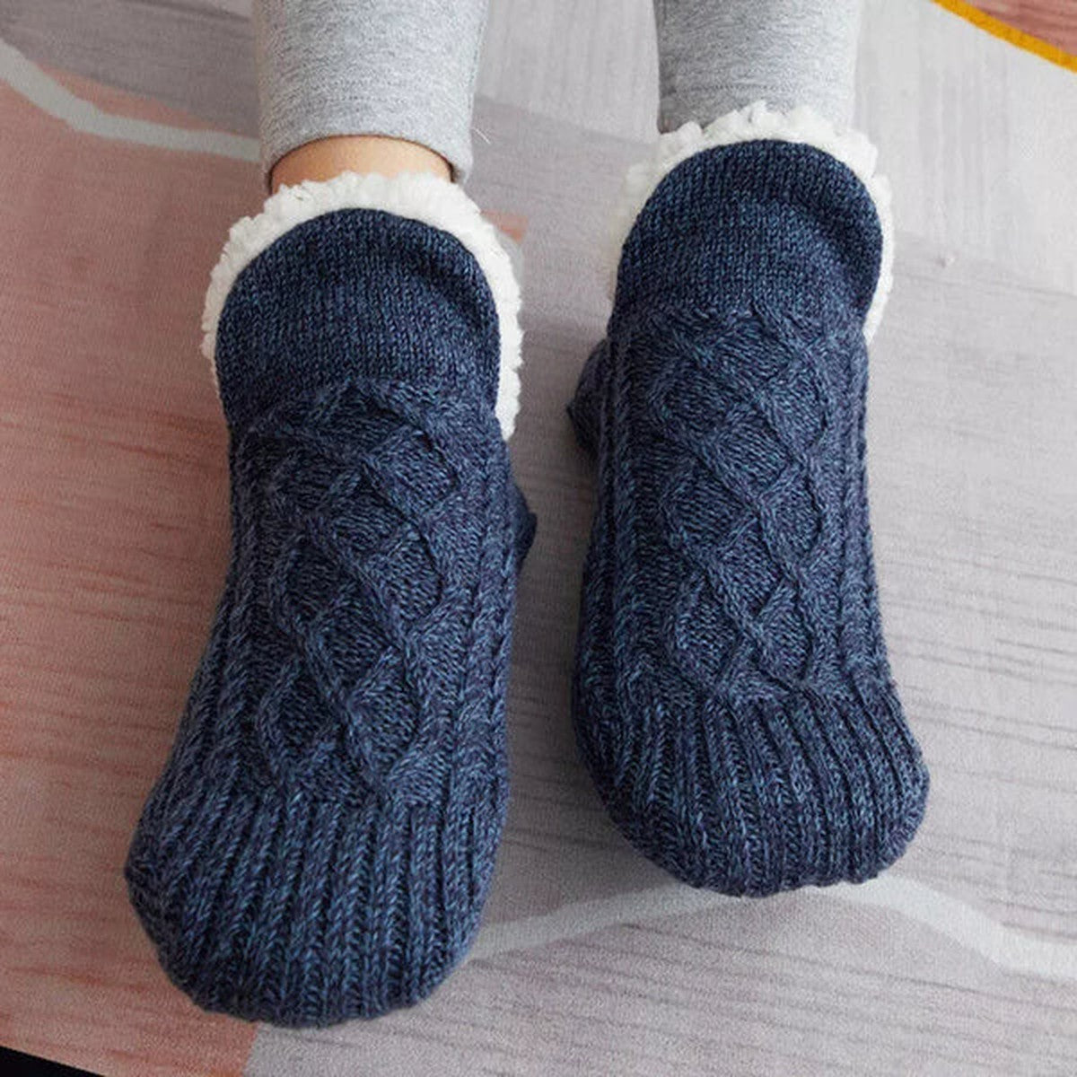 Fleece Lined Slipper Socks with Anti Slip Grippers and Knit Outer Shell