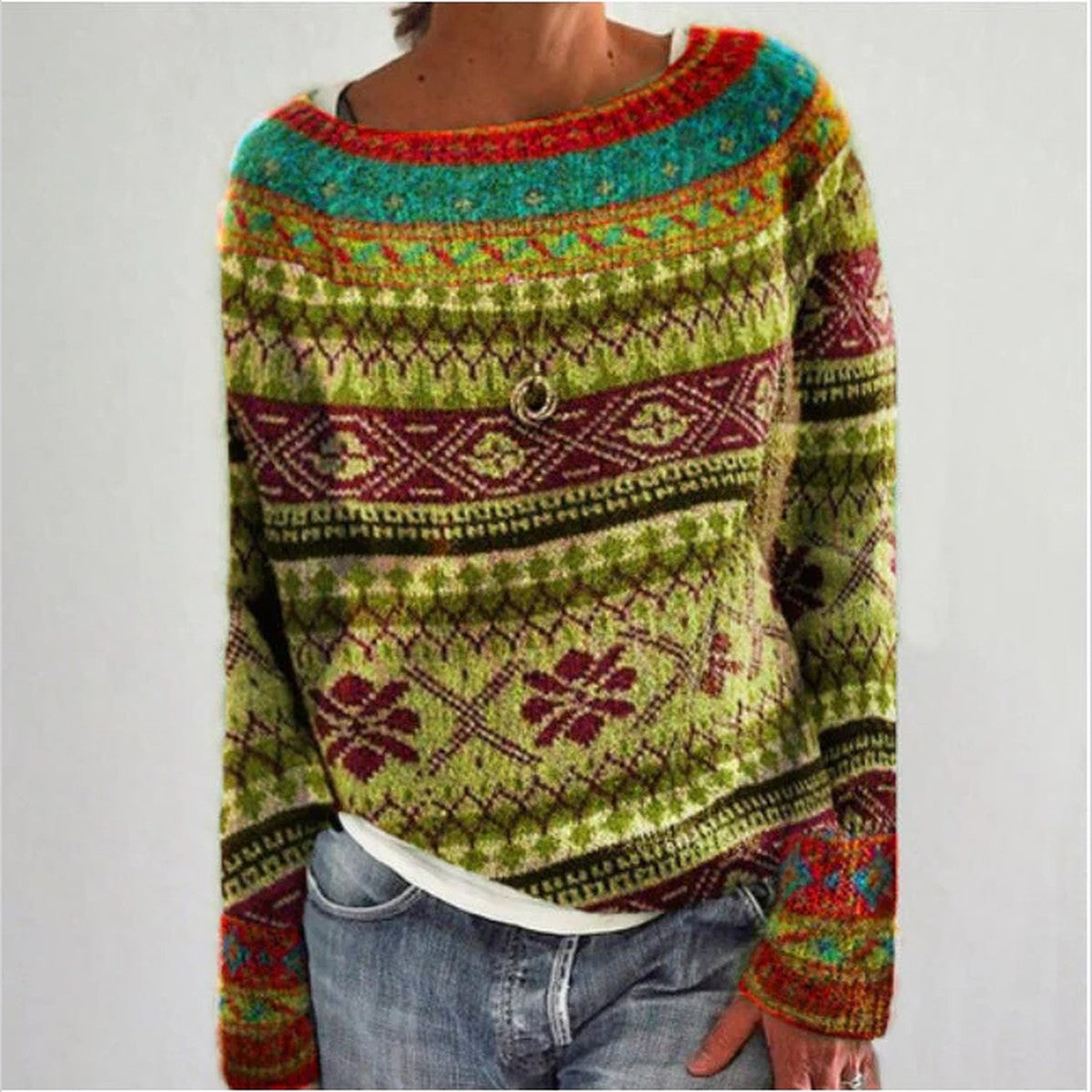 Retro Fair Isle Knit Pullover Sweater with Crew Neck and Long Sleeves