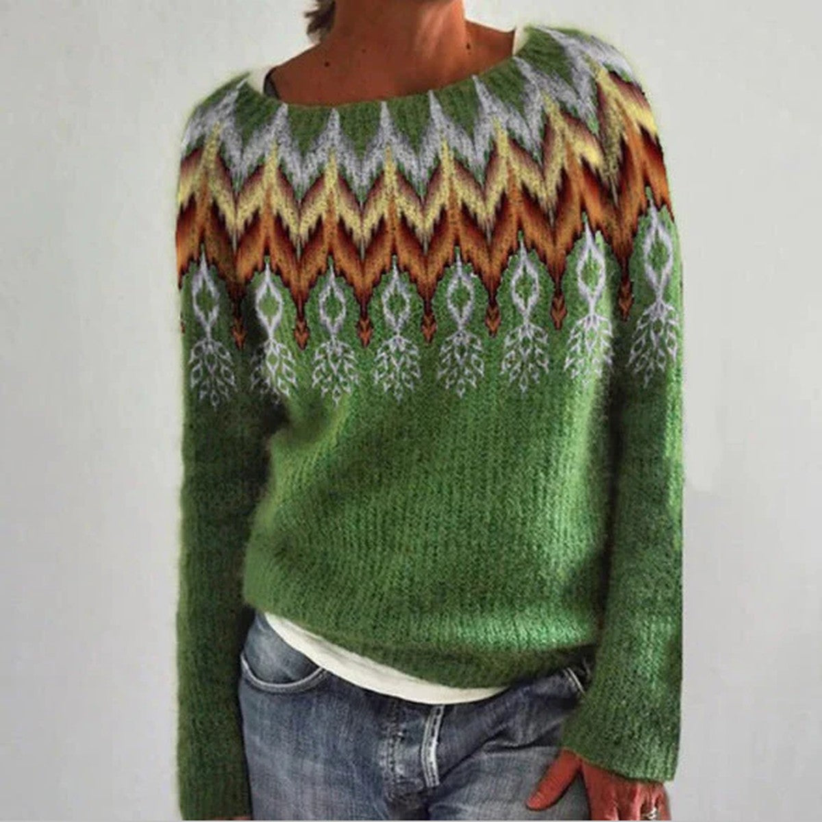 Retro Fair Isle Knit Pullover Sweater with Crew Neck and Long Sleeves