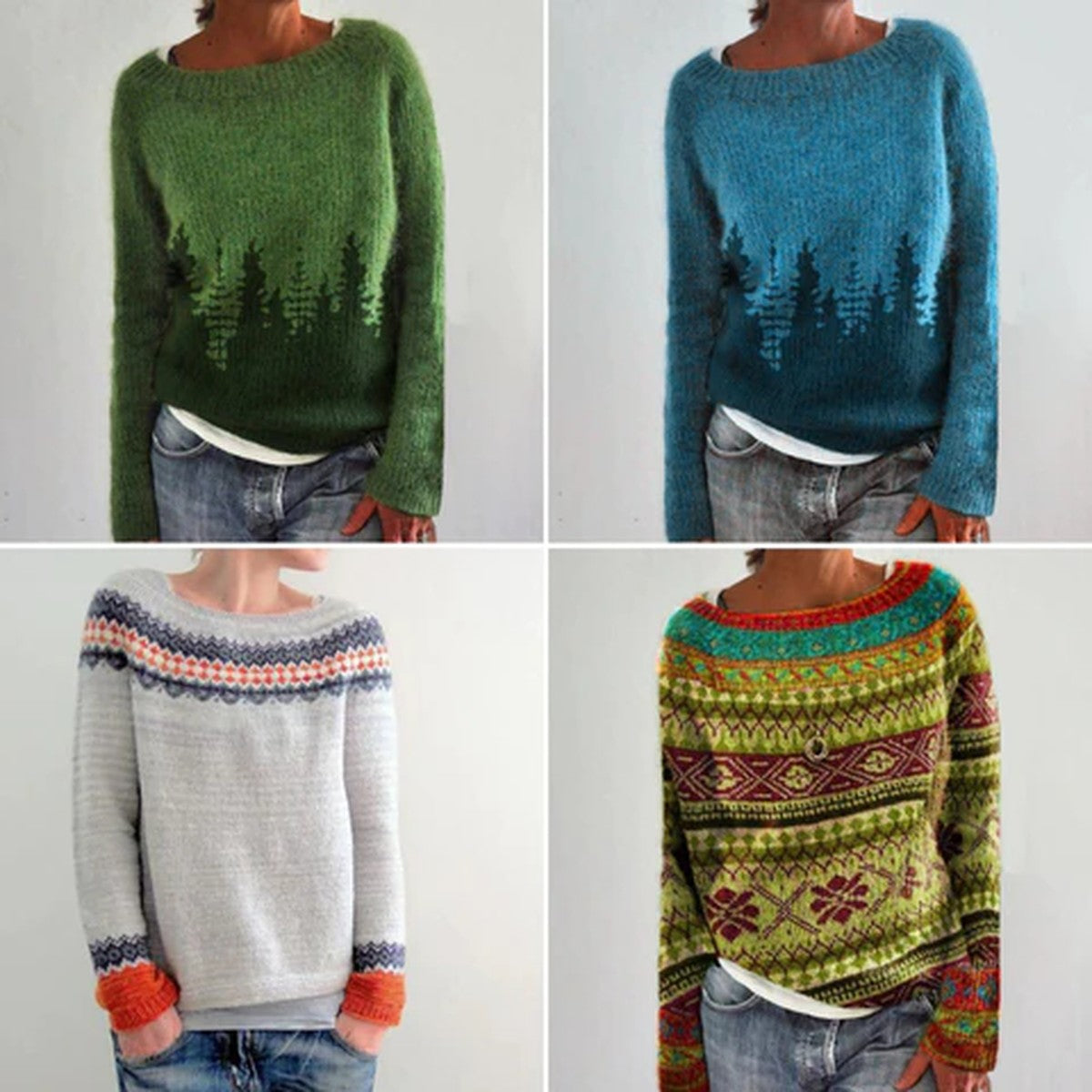 Retro Fair Isle Knit Pullover Sweater with Crew Neck and Long Sleeves