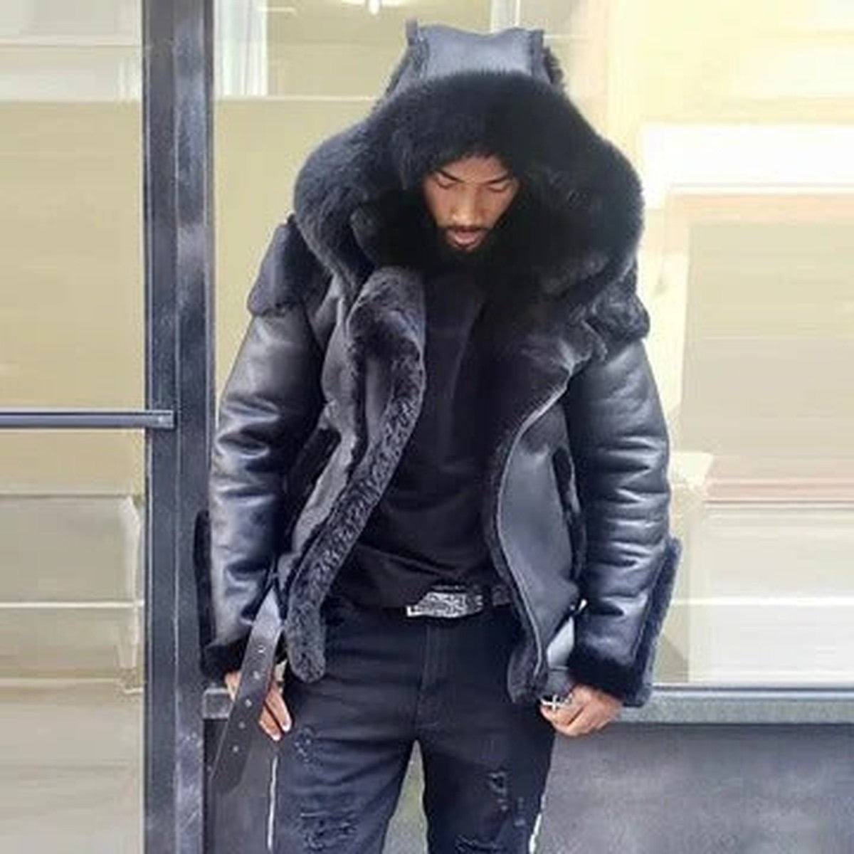 Men Tactical Fleece Outdoor Jacket with Hood and Multiple Zipper Pockets