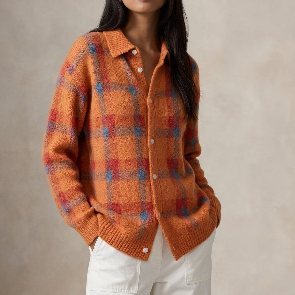 Checkered Knit V Neck Cardigan Sweater with Front Button Closure