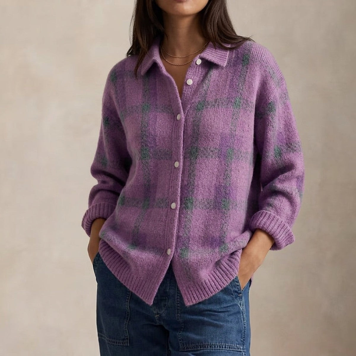 Checkered Knit V Neck Cardigan Sweater with Front Button Closure