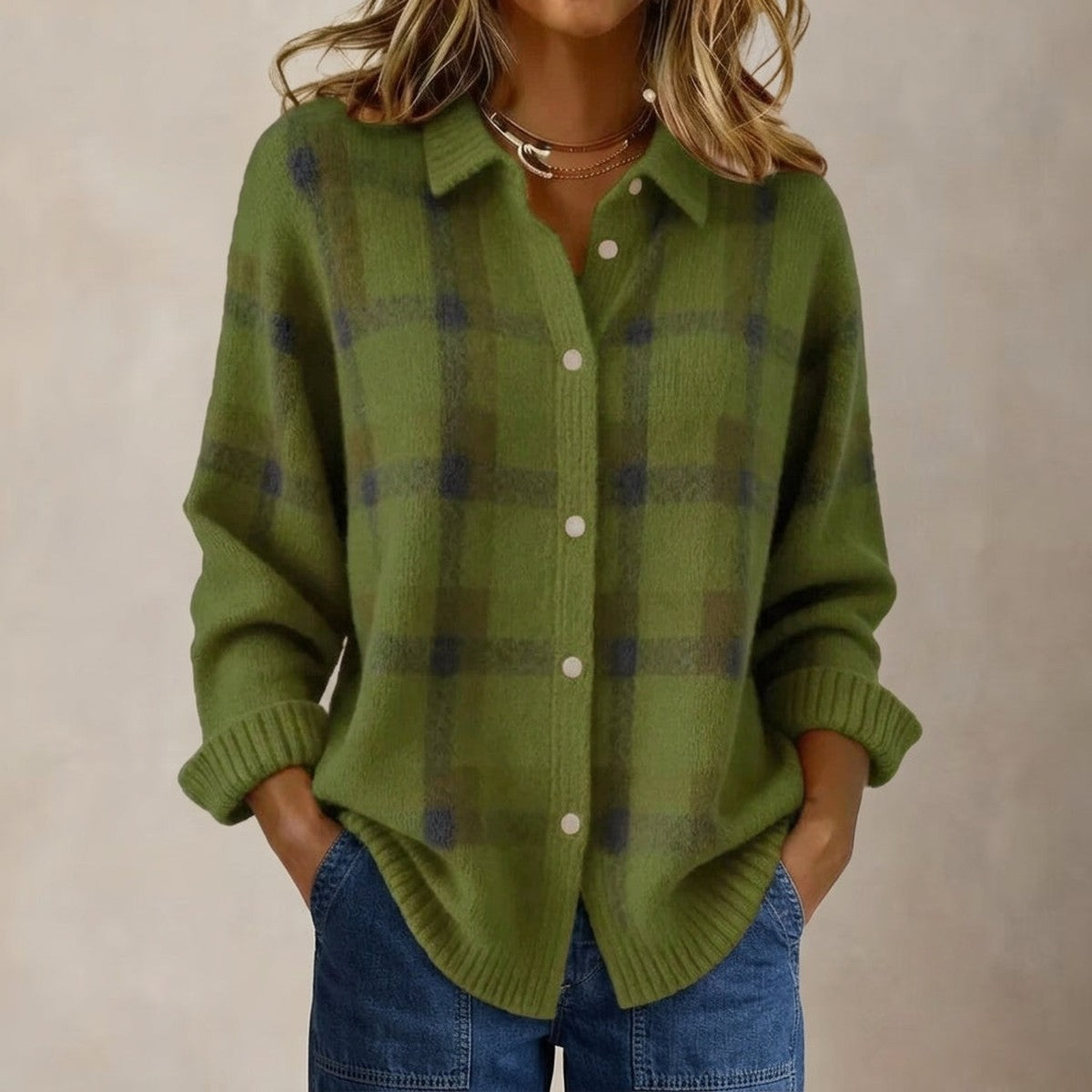 Checkered Knit V Neck Cardigan Sweater with Front Button Closure