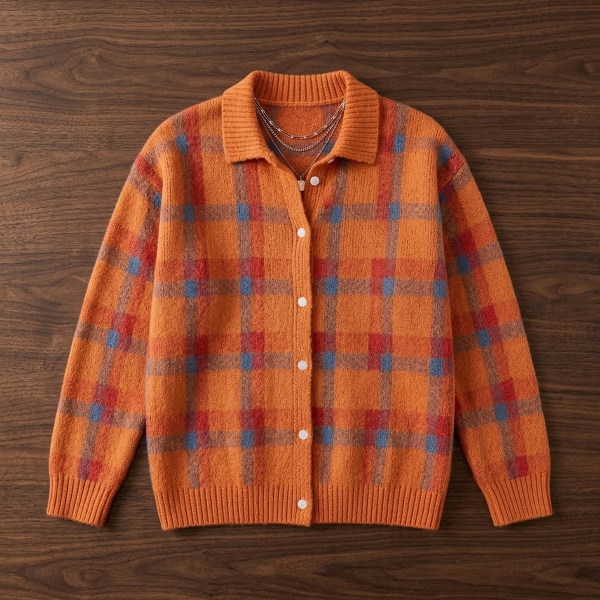 Checkered Knit V Neck Cardigan Sweater with Front Button Closure