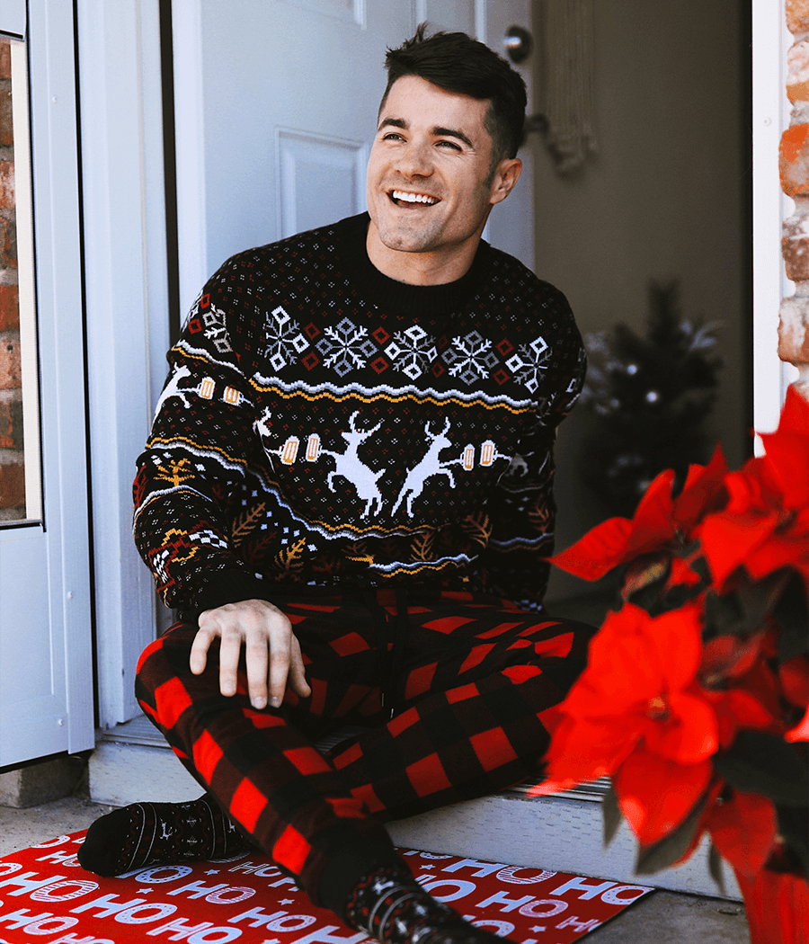 Mens Pullover Sweater with Festive Deer and Evergreen Pattern, Crew Neck