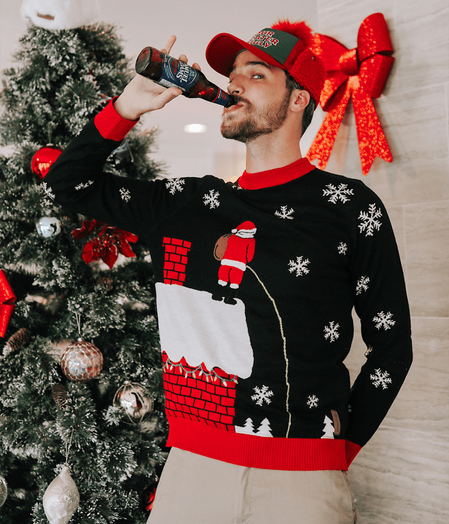 Mens Light Up Holiday Sweater with Rooftop Graphic and Battery Pack