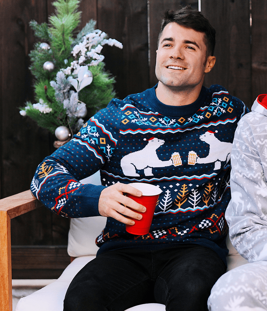 Mens Crewneck Pullover Sweater with Polar Bear Party Scene and Fair Isle Pattern