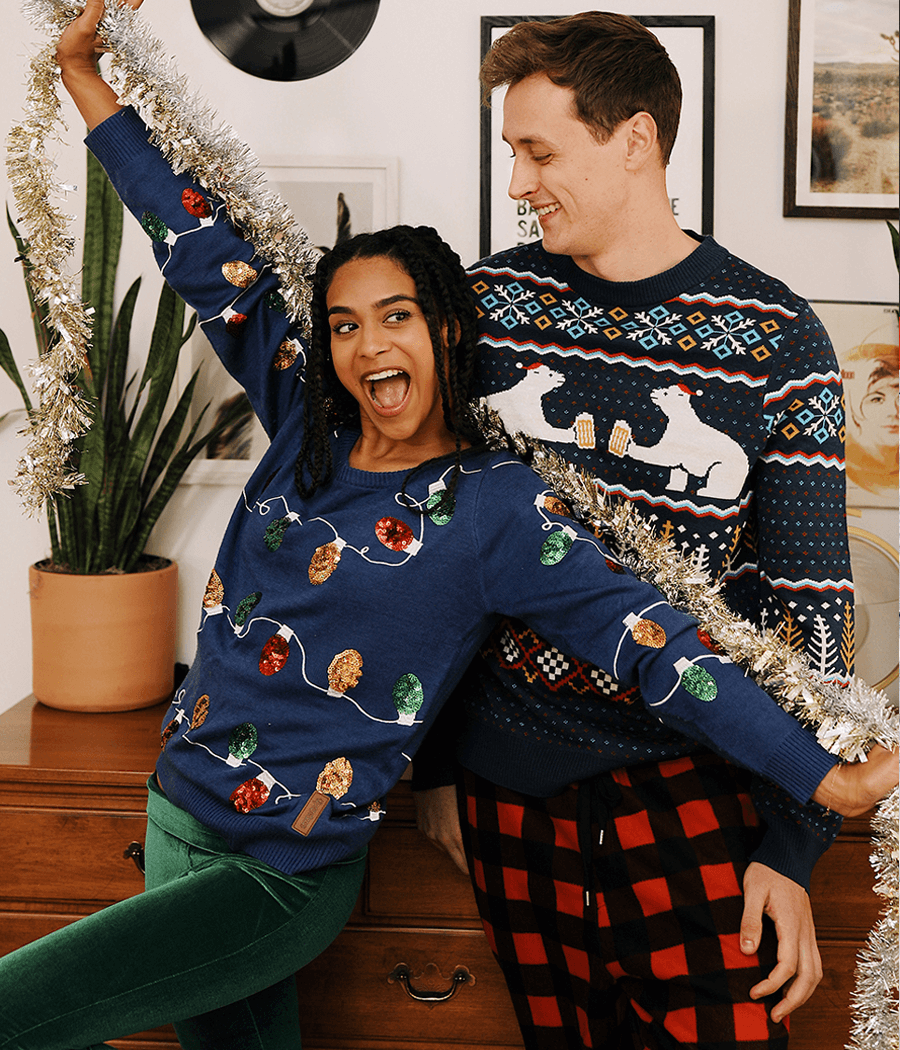 Mens Crewneck Pullover Sweater with Polar Bear Party Scene and Fair Isle Pattern