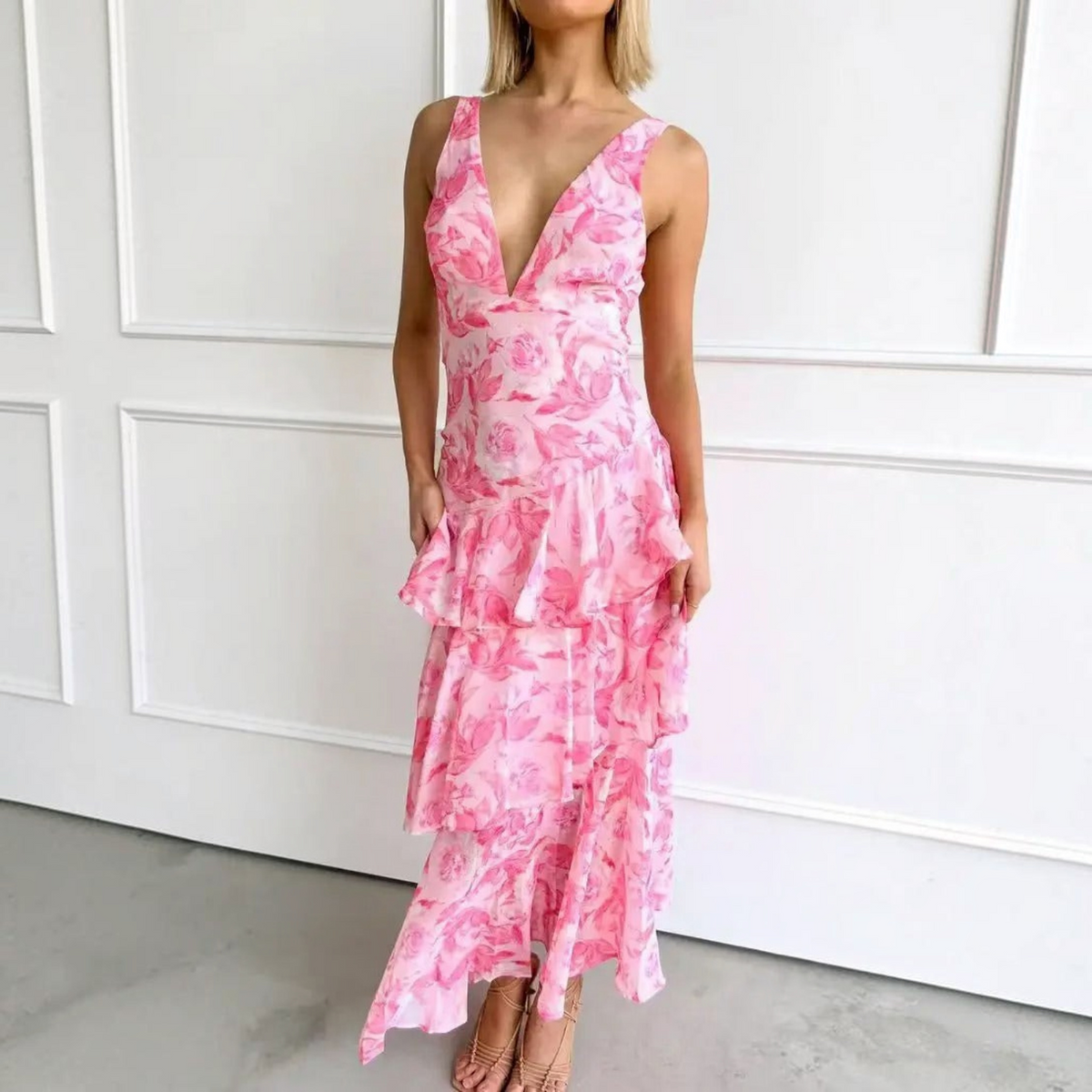 Maxi Dress with Lightweight Chiffon and Deep V-Neck, Tiered Ruffle Skirt