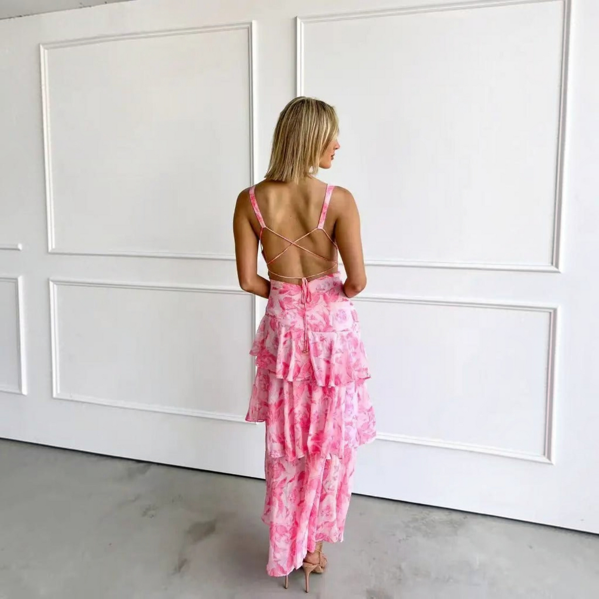 Maxi Dress with Lightweight Chiffon and Deep V-Neck, Tiered Ruffle Skirt