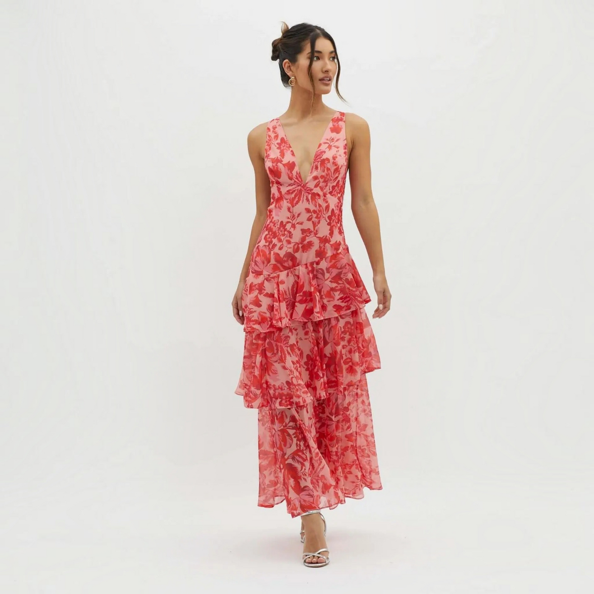 Maxi Dress with Lightweight Chiffon and Deep V-Neck, Tiered Ruffle Skirt