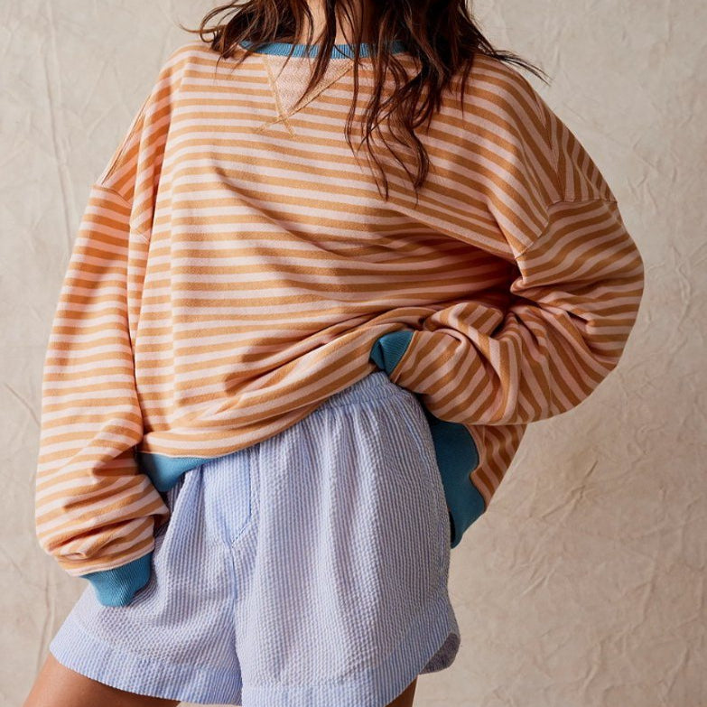 Oversized Striped Long Sleeve Pullover Sweater for Women - Orange Stripes