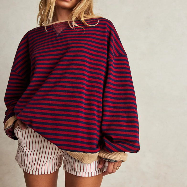 Oversized Striped Long Sleeve Pullover Sweater for Women - Black & Red