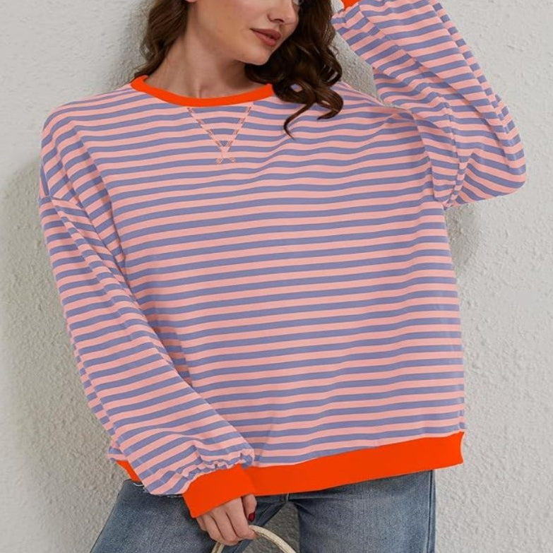 Oversized Striped Long Sleeve Pullover Sweater for Women - Orange & Blue