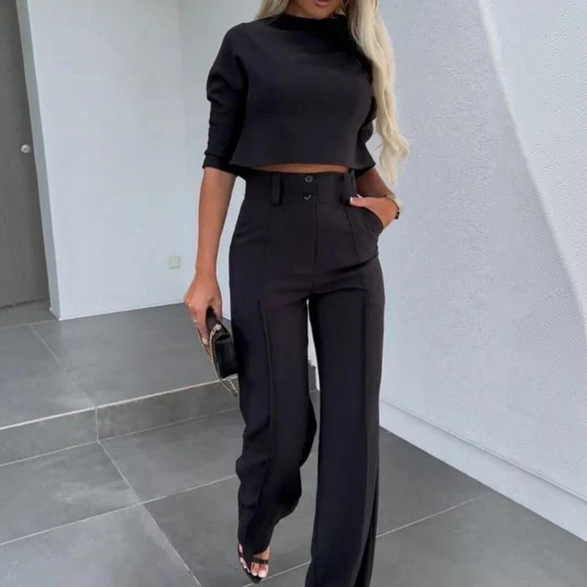 Womens Two-Piece Set with Cropped Top and High-Waist Trousers, Lightweight Tailoring