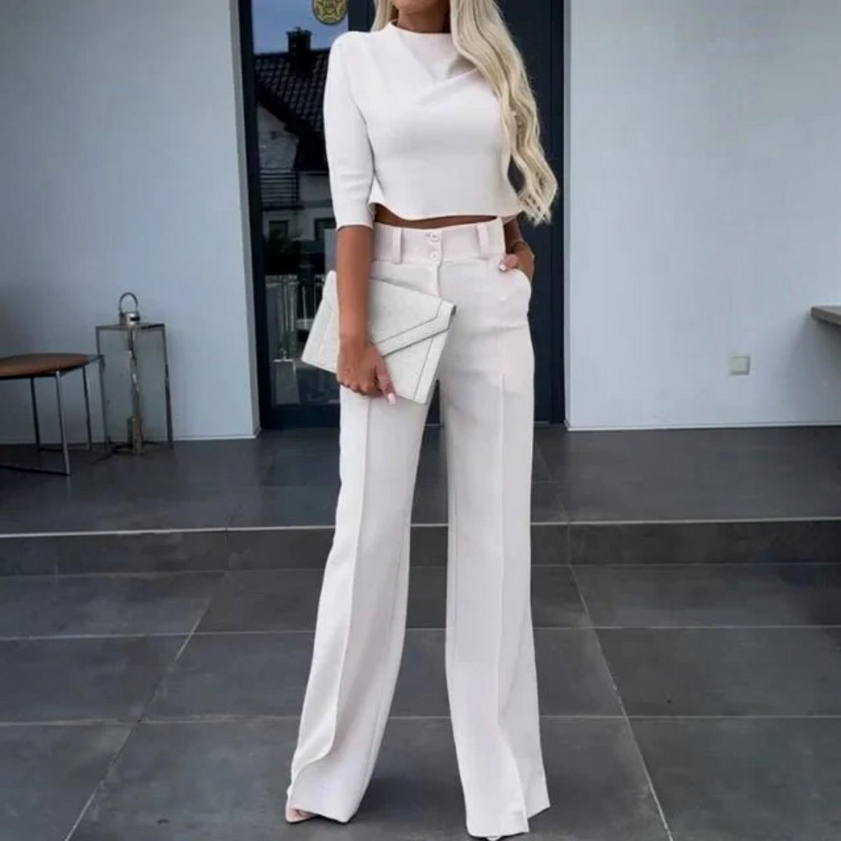 Womens Two-Piece Set with Cropped Top and High-Waist Trousers, Lightweight Tailoring