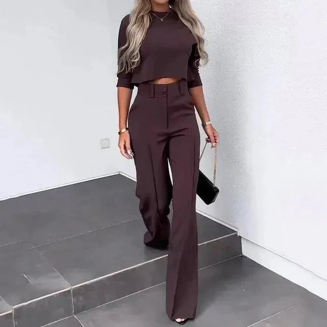 Womens Two-Piece Set with Cropped Top and High-Waist Trousers, Lightweight Tailoring