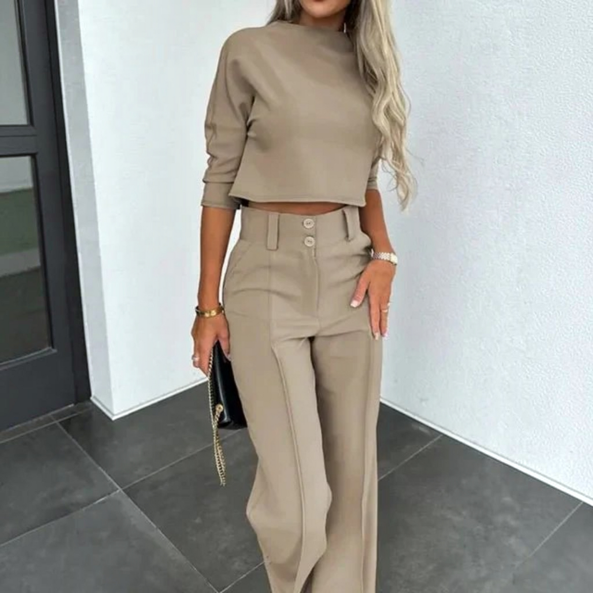 Womens Two-Piece Set with Cropped Top and High-Waist Trousers, Lightweight Tailoring