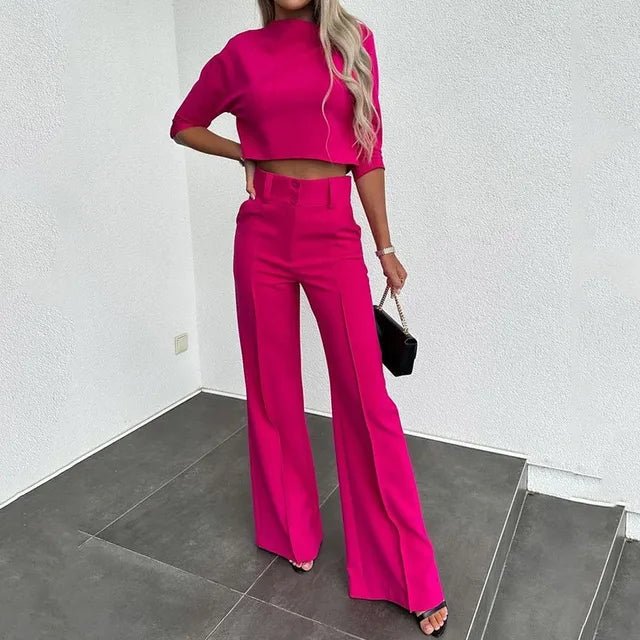 Womens Two-Piece Set with Cropped Top and High-Waist Trousers, Lightweight Tailoring