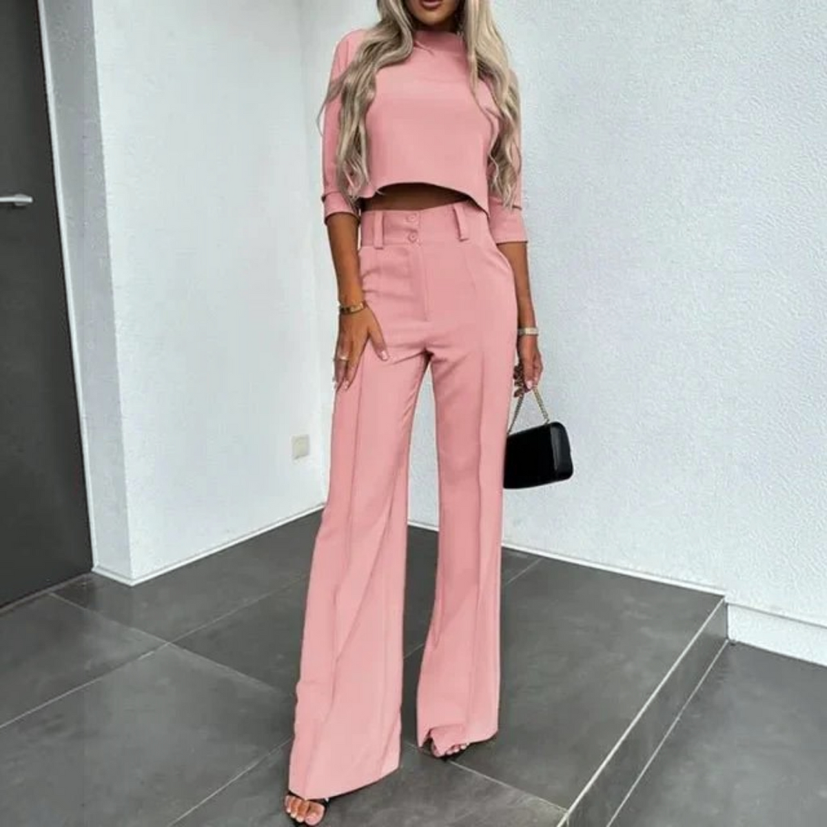 Womens Two-Piece Set with Cropped Top and High-Waist Trousers, Lightweight Tailoring