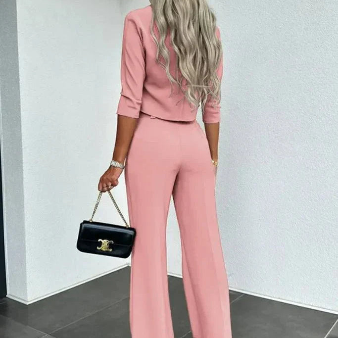 Womens Two-Piece Set with Cropped Top and High-Waist Trousers, Lightweight Tailoring