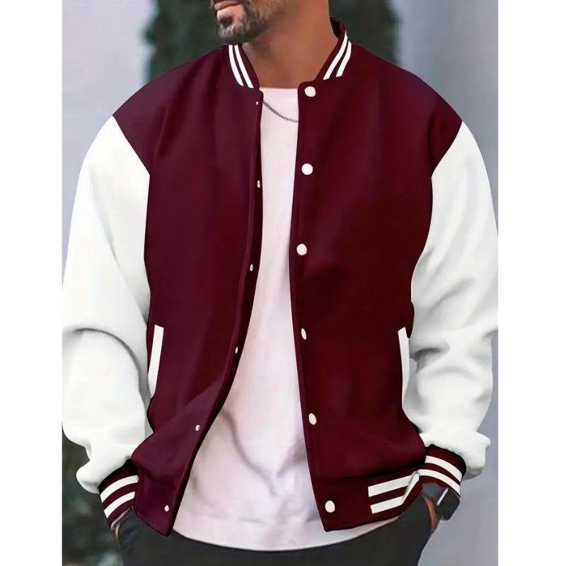 Mens Varsity Jacket with Metal Snap Front and Ribbed Trims, Relaxed Fit