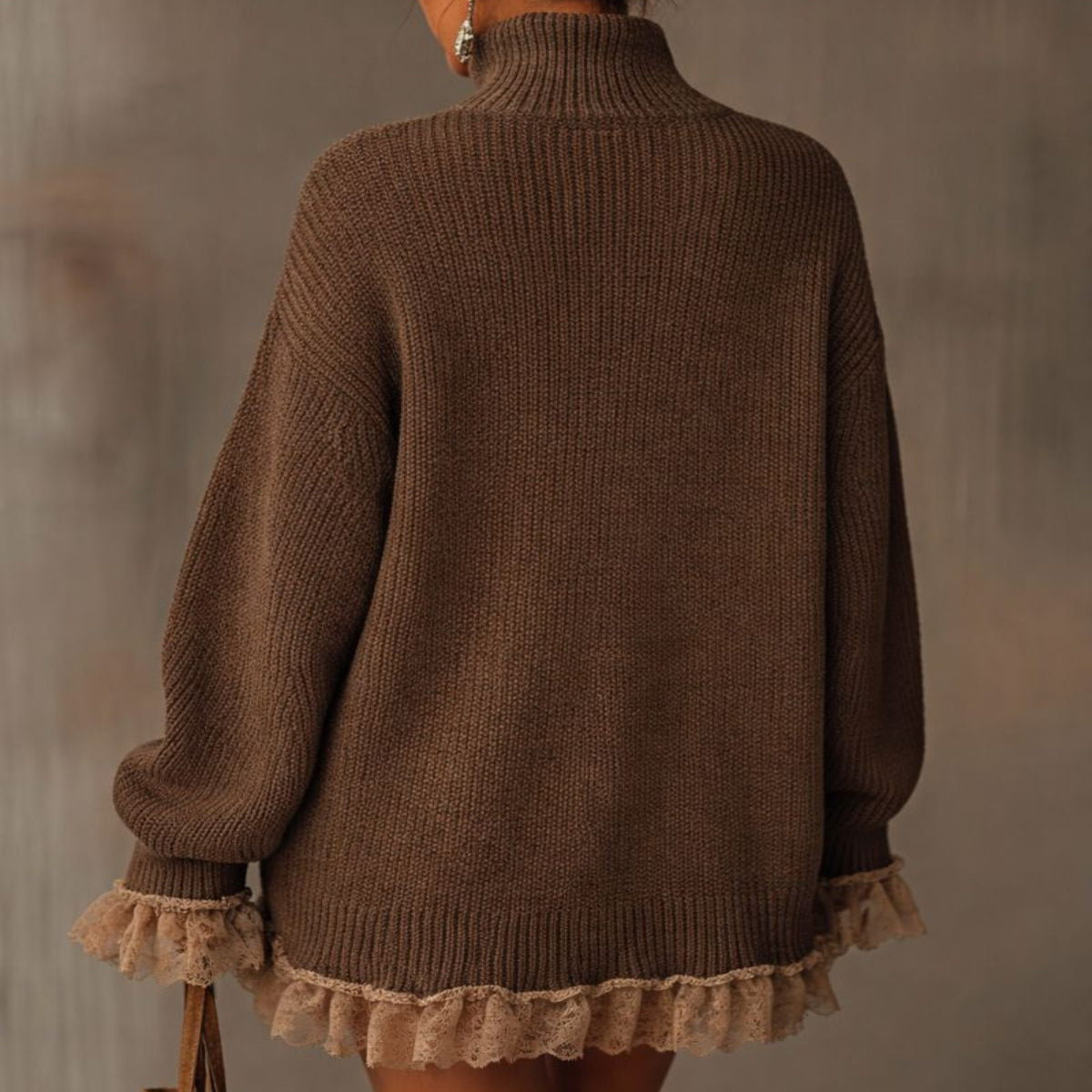 Oversized Turtleneck Sweater Dress with Ruffled Hem for Women - View 3
