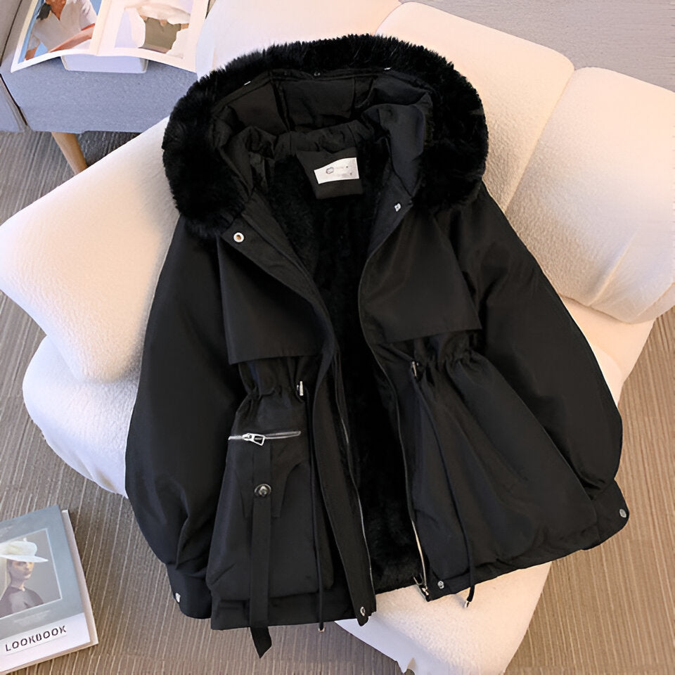 Womens Winter Coat with Plush Faux Fur Collar and Adjustable Drawstring Waist, Pockets