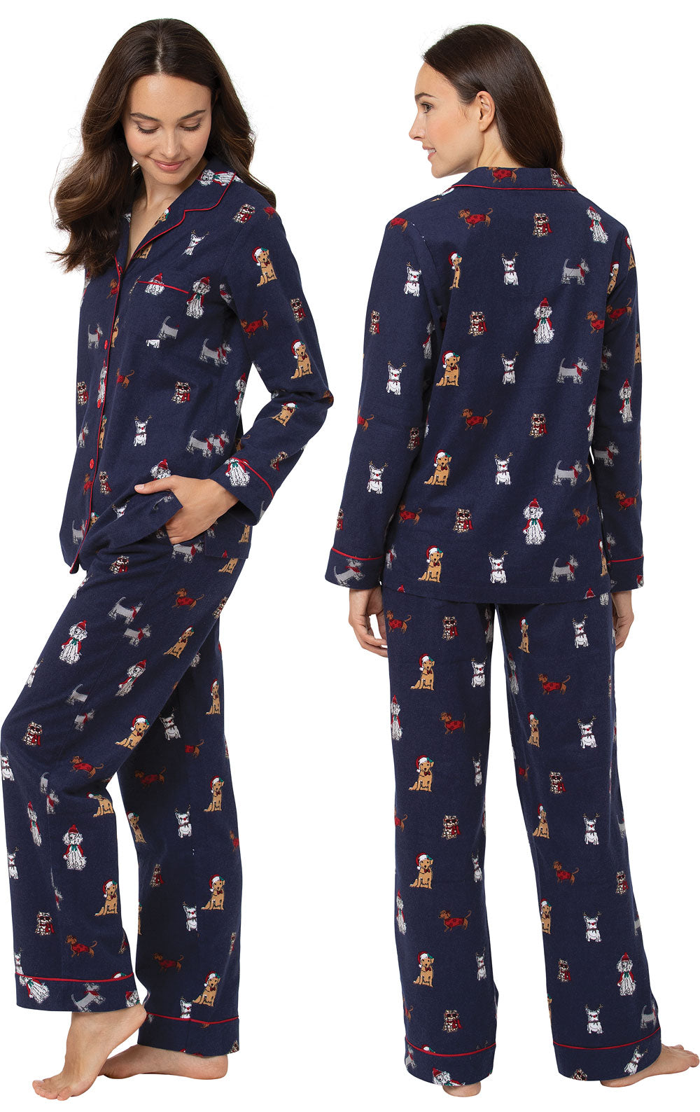 Flannel Pajama Set with Dog Print and Notch Collar, Drawstring Waist