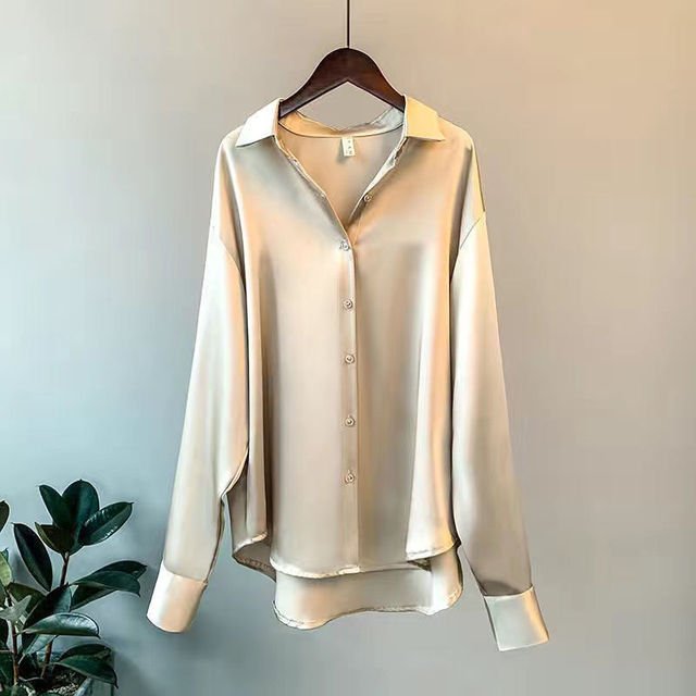 Satin Blouse with Loose Relaxed Fit and Button-Front, Machine Washable