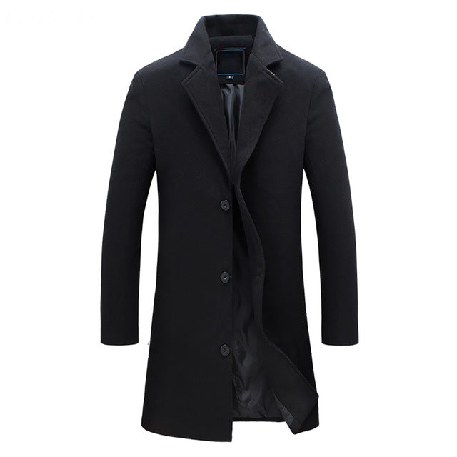 Mens Long Overcoat with Button Front and Smooth Interior Lining, Tailored Cut